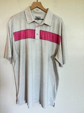 Straight Down Polo Shirt Gray Pink Stripe Performance Golf Short Sleeve